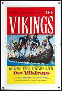 1s411 VIKINGS linen 1sheet '58 cool artwork of Kirk Douglas, Tony Curtis & Janet Leigh on long ship!