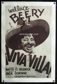 1s412 VIVA VILLA linen 1sh R40s great artwork of sexy Fay Wray laying on Wallace Beery's sombrero!