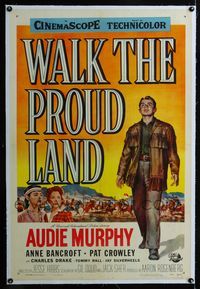 1s415 WALK THE PROUD LAND linen one-sheet '56 art of Audie Murphy & Native American Anne Bancroft!