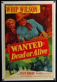 1s416 WANTED DEAD OR ALIVE linen one-sheet '51 Whip Wilson with gun defending Christine McIntyre!