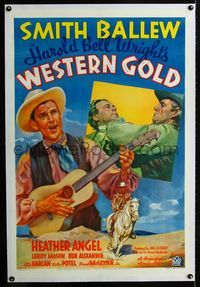 1s423 WESTERN GOLD linen 1sh '37 art of Smith Ballew playing guitar, from Harold Bell Wright story!