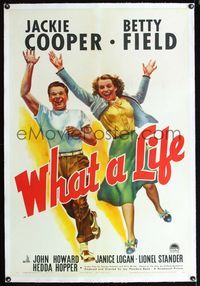 1s425 WHAT A LIFE linen one-sheet '39 art of Jackie Cooper as the first Henry Aldrich & Betty Field!