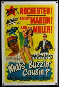 1s426 WHAT'S BUZZIN' COUSIN linen 1sheet '43 sexy patriotic Ann Miller, Rochester & Freddy Martin!
