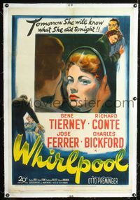 1s427 WHIRLPOOL linen one-sheet '50 what might pretty Gene Tierney do when she is hypnotized?!