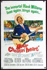1s441 YOUR CHEATIN' HEART linen 1sh '64 great image of George Hamilton as Hank Williams with guitar!