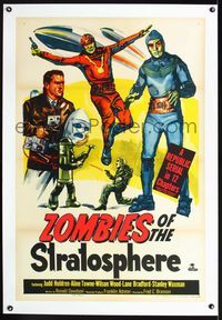 1s444 ZOMBIES OF THE STRATOSPHERE linen one-sheet '52 great artwork image of aliens with guns!