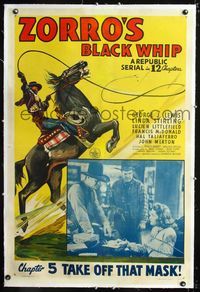 1s445 ZORRO'S BLACK WHIP linen Chap 5 1sh '44 Republic serial, cool artwork whipping on horseback!