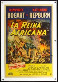 1u147 AFRICAN QUEEN linen Argentinean '52 great artwork of Humphrey Bogart & Katharine Hepburn!