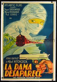 1u161 LADY VANISHES linen Argentinean '38 Alfred Hitchcock, cool art of bandaged girl & train!