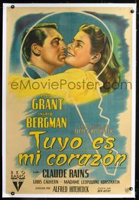 1u166 NOTORIOUS linen Argentinean '46 Hitchcock, great close up art of Cary Grant & Ingrid Bergman!