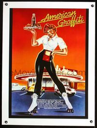 1u097 AMERICAN GRAFFITI linen German poster '73 George Lucas, completely different art from U.S.!