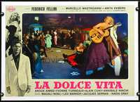 1u066 LA DOLCE VITA linen Italian photobusta poster '61 Fellini, sexy Anita Ekberg playing guitar!