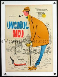 1u049 MON ONCLE linen Romanian movie poster '58 great art of Jacques Tati as My Uncle, Mr. Hulot!