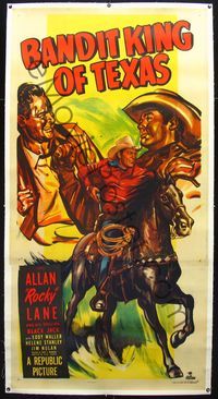 1v094 BANDIT KING OF TEXAS linen 3sh '49 art of cowboy Allan Rocky Lane riding his horse Black Jack!