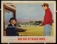 1w074 BAD DAY AT BLACK ROCK lobby card #6 '55 great 2-shot of Robert Ryan hassling Spencer Tracy!