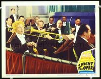 1w026 NIGHT AT THE OPERA lobby card #7 R48 Chico Marx in tuxedo uses violin bow to play trombone!