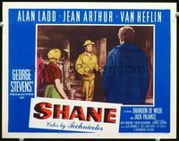 1w030 SHANE lobby card #3 '53 Alan Ladd in buckskin enters homestead of Van Heflin & Jean Arthur!