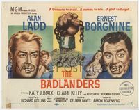 1y037 BADLANDERS title lobby card '58 Delmer Daves, cool artwork of Alan Ladd & Ernest Borgnine!