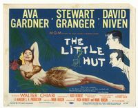 1y205 LITTLE HUT title card '57 sexy tropical Ava Gardner, Granger, Niven, Hirschfeld-like art!