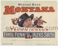 1y241 MONTANA movie title lobby card '50 artwork of cowboy Errol Flynn pointing gun, Alexis Smith