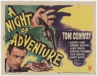 1y259 NIGHT OF ADVENTURE title card '44 Tom Conway, cool dangling gun & dead girl crime artwork!