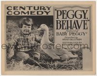 1y279 PEGGY BEHAVE title card '22 great close up image of Baby Peggy and goose, Century Comedy!
