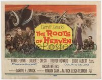 1y301 ROOTS OF HEAVEN title lobby card '58 John Huston, Errol Flynn & sexy Julie Greco in Africa!