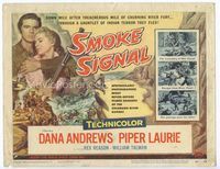 1y314 SMOKE SIGNAL title lobby card '55 Dana Andrews & Piper Laurie flee through Indian territory!