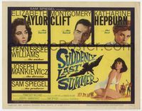 1y328 SUDDENLY LAST SUMMER TC '60 artwork of sexy Elizabeth Taylor in swimsuit, Clift, Kate Hepburn