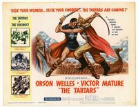 1y335 TARTARS movie title lobby card '61 great artwork of Victor Mature battling Orson Welles!