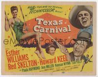 1y340 TEXAS CARNIVAL title card '51 artwork of Esther Williams in dunking booth swing, Red Skelton