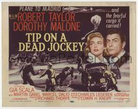 1y352 TIP ON A DEAD JOCKEY title lobby card '57 Robert Taylor, Dorothy Malone, horse race crime!