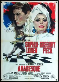 2a550 ARABESQUE Italian one-panel '66 art of spies Gregory Peck & sexy Sophia Loren by A. Cesselon!