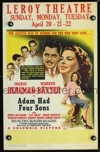 2a010 ADAM HAD FOUR SONS window card '41 sultry Ingrid Bergman, Warner Baxter, sexy Susan Hayward!