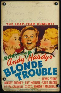 2a016 ANDY HARDY'S BLONDE TROUBLE window card '44 artwork of Mickey Rooney and two sexy babes!