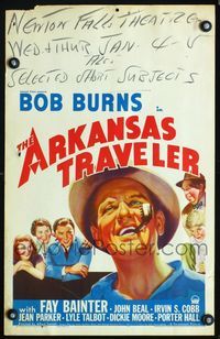 2a018 ARKANSAS TRAVELER window card movie poster '38 great artwork of Bob Burns with pipe in mouth!