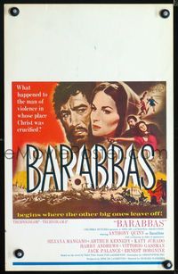 2a022 BARABBAS window card movie poster '62 huge close up art of Anthony Quinn & Silvana Mangano!
