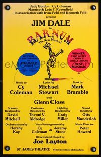 2a023 BARNUM stage play window card poster '80 Jim Dale, Glenn Close, Joe Layton Broadway musical!