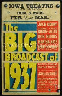 2a030 BIG BROADCAST OF 1937 window card '36 Jack Benny, Burns & Allen, Benny Goodman, Martha Raye