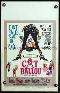 2a047 CAT BALLOU window card poster '65 classic sexy cowgirl Jane Fonda, Lee Marvin, great artwork!