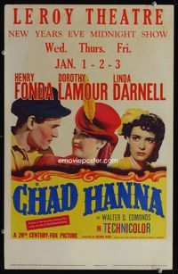 2a049 CHAD HANNA window card poster '40 Henry Fonda with beautiful Dorothy Lamour & Linda Darnell!