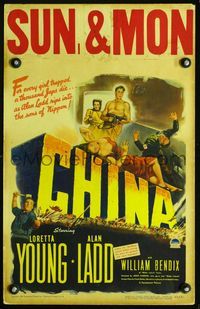 2a053 CHINA window card movie poster '43 cool artwork of Loretta Young & Alan Ladd in WWII riot!
