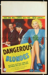 2a070 DANGEROUS BLONDES window card poster '43 super sexy Evelyn Keyes will kill you with laughs!