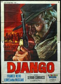 2b097 DJANGO Italian 2p '66 Sergio Corbucci, really cool super close art of Franco Nero with gun!