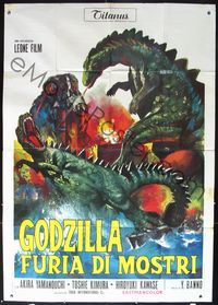 2b110 GODZILLA VS. THE SMOG MONSTER Italian two-panel '71 Gojira tai Hedora, Toho sci-fi, cool art!