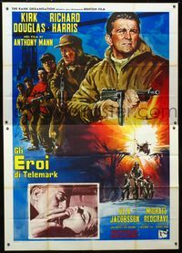 2b118 HEROES OF TELEMARK Italian 2panel '66 cool different art of World War II soldier Kirk Douglas!