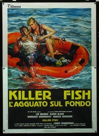 2b125 KILLER FISH Italian two-panel '79 great horror art of man with bloody leg & sexy girl in raft!