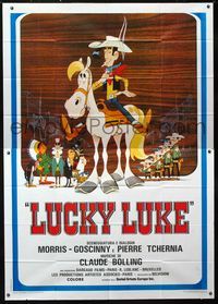 2b138 LUCKY LUKE Italian two-panel '71 Daisy Town, great western cartoon artwork of cowboy on horse!