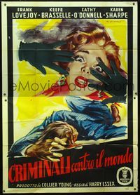 2b139 MAD AT THE WORLD Italian 2panel '55 cool artwork of scared girl & dead man by Renato Casaro!