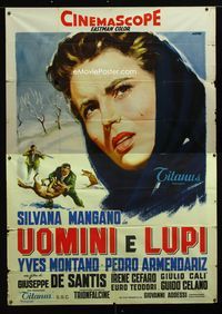 2b149 MEN & WOLVES Italian two-panel '59 Uomini e lupi, close up art of Silvana Mangano by Manno!